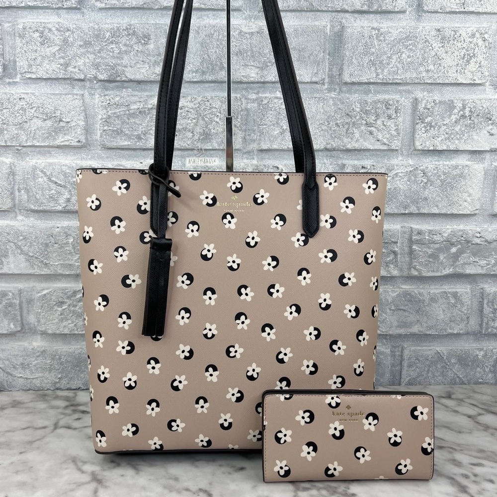 Kate Spade Floral Polka Dot Print Tote & Large Slim Bifold Wallet Neutral Multi